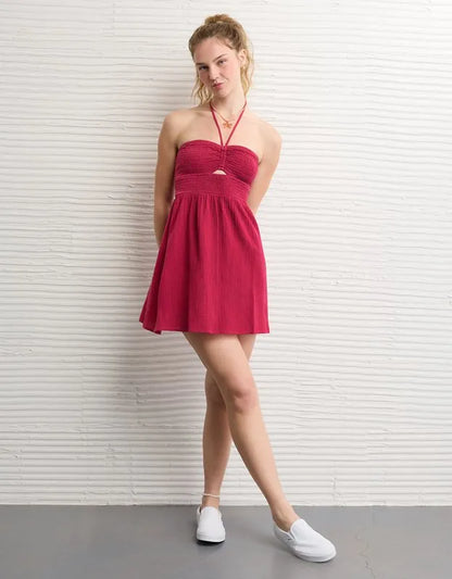 AE Smocked Keyhole Halter Mini Dress