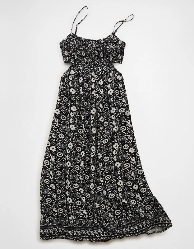AE Smocked Cutout Babydoll Midi Dress