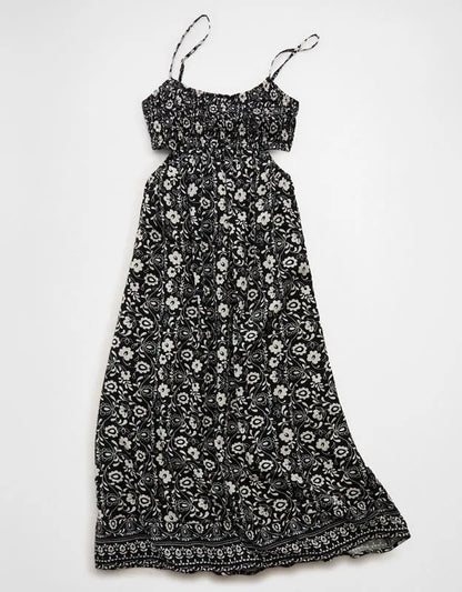 AE Smocked Cutout Babydoll Midi Dress