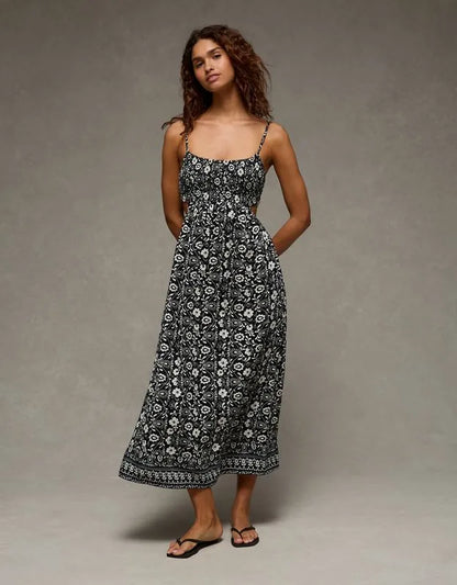 AE Smocked Cutout Babydoll Midi Dress