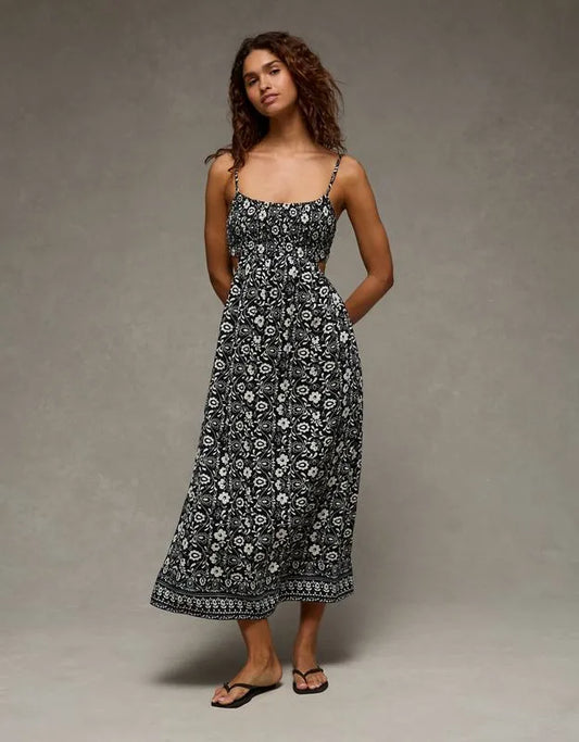AE Smocked Cutout Babydoll Midi Dress
