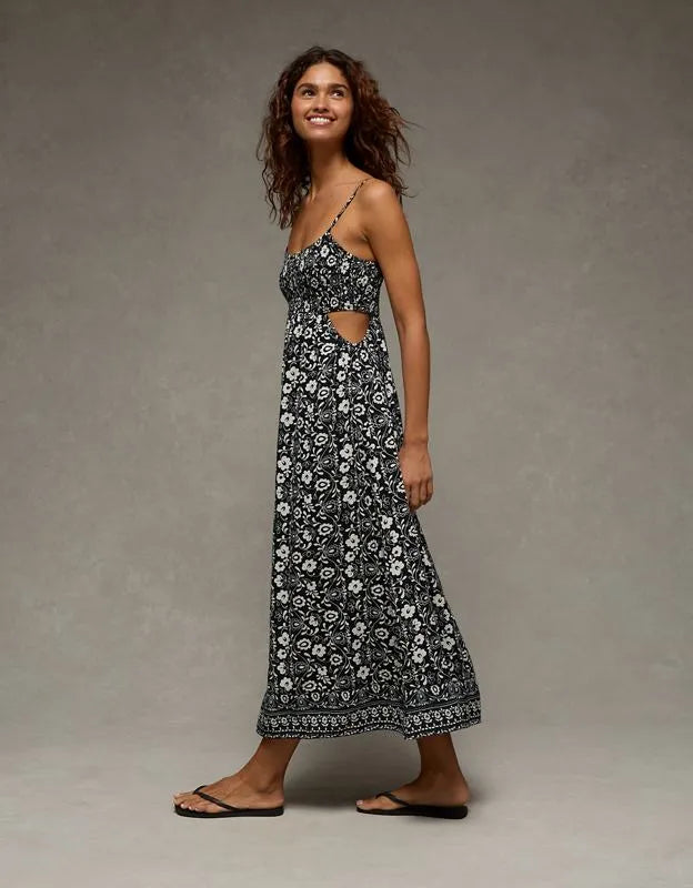 AE Smocked Cutout Babydoll Midi Dress