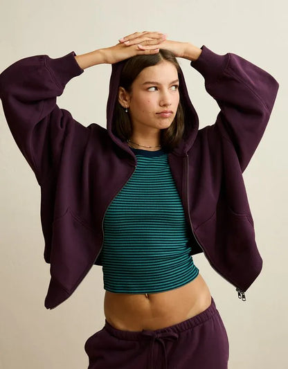 AE Everyday Luxe Balloon-Sleeve Full-Zip Sweatshirt