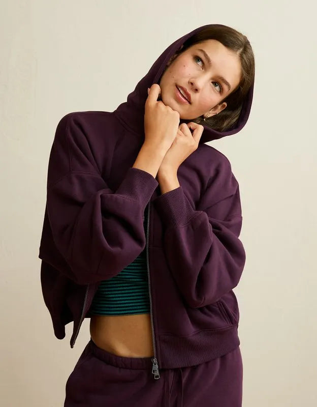 AE Everyday Luxe Balloon-Sleeve Full-Zip Sweatshirt