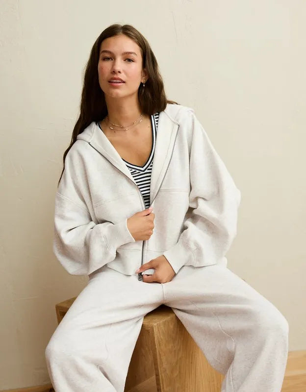 AE Everyday Luxe Balloon-Sleeve Full-Zip Sweatshirt