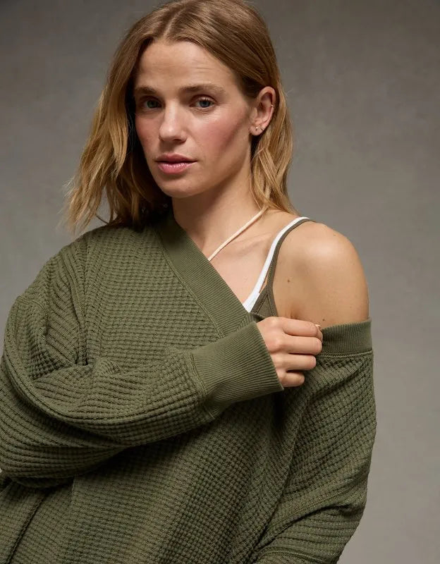 AE Big Hug V-Neck Waffle Sweatshirt