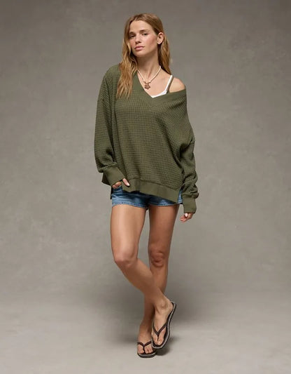 AE Big Hug V-Neck Waffle Sweatshirt