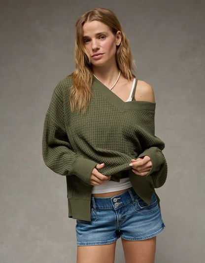 AE Big Hug V-Neck Waffle Sweatshirt