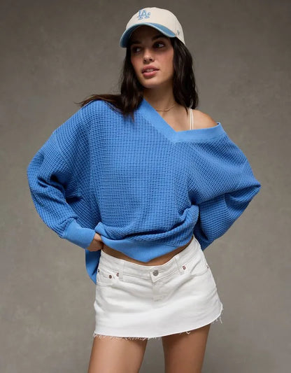AE Big Hug V-Neck Waffle Sweatshirt