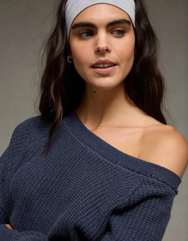AE Big Hug Off-the-Shoulder Waffle Sweatshirt