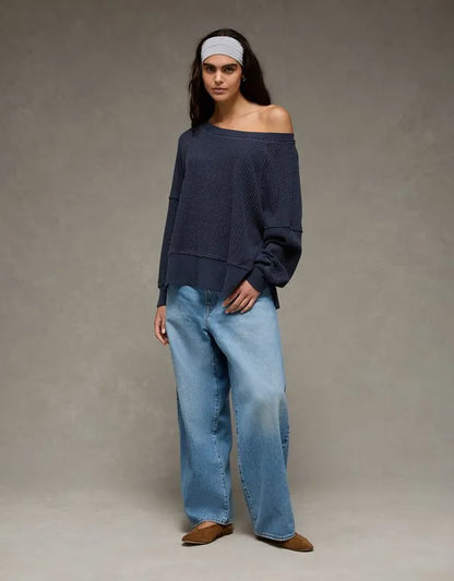 AE Big Hug Off-the-Shoulder Waffle Sweatshirt