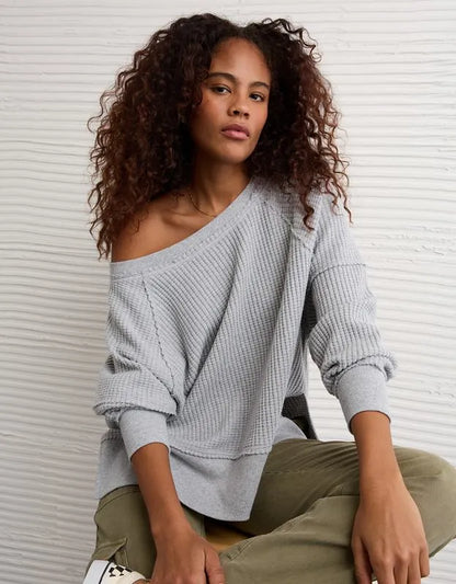 AE Big Hug Off-the-Shoulder Waffle Sweatshirt