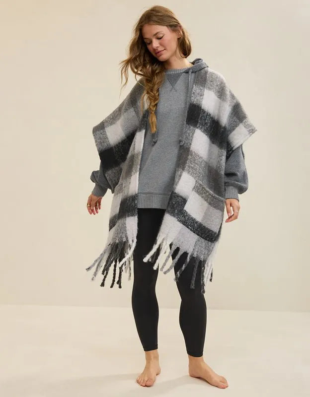 Aerie Fringe Plaid Cape