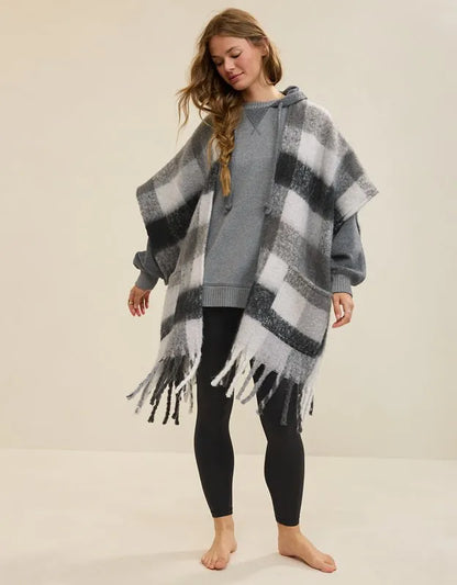 Aerie Fringe Plaid Cape