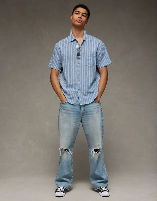 AE Standard Fit Linen-Blend Short-Sleeve Button-Up Shirt