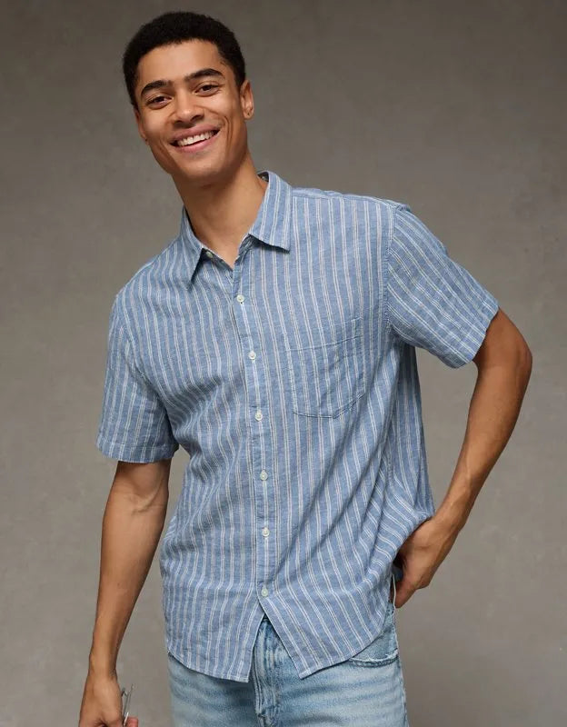 AE Standard Fit Linen-Blend Short-Sleeve Button-Up Shirt