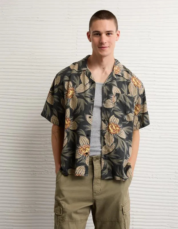 AE Relaxed Fit Camp Collar Button-Up Shirt