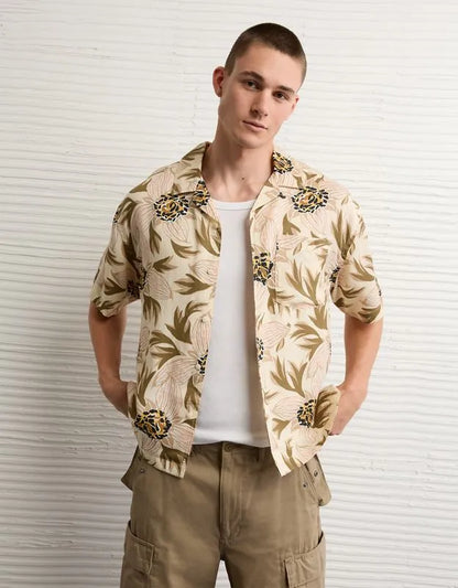 AE Relaxed Fit Camp Collar Button-Up Shirt