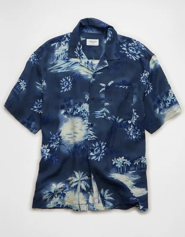 AE Relaxed Fit Camp Collar Button-Up Shirt