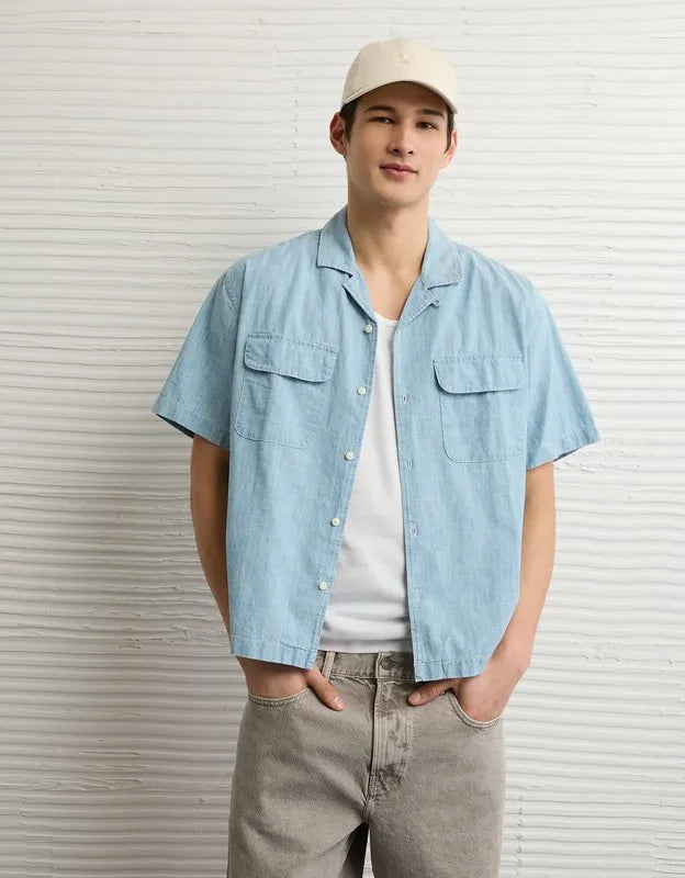 AE Relaxed Fit Camp Collar Button-Up Shirt