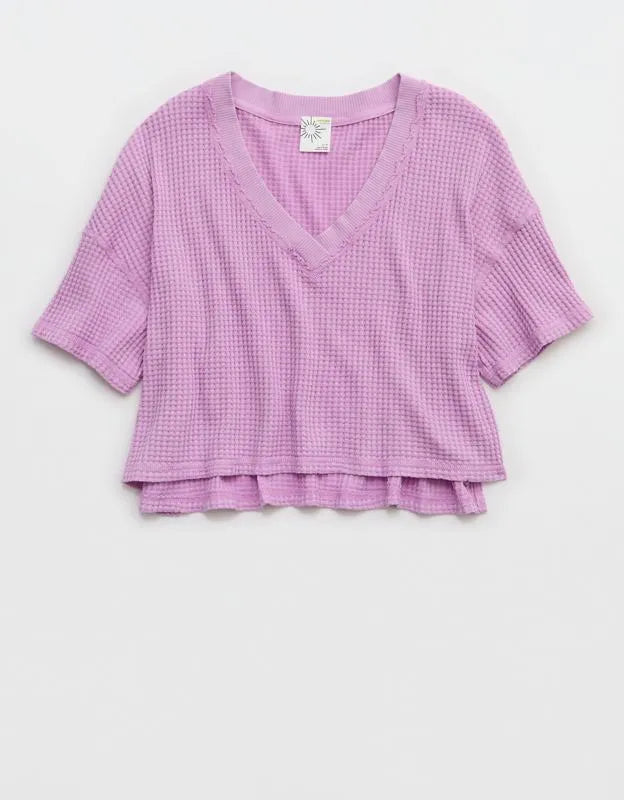 OFFLINE By Aerie Wow! Waffle V Neck Cropped Relaxed Short Sleeve T-Shirt