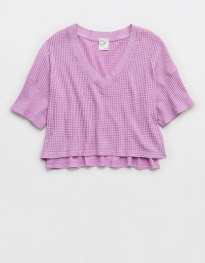 OFFLINE By Aerie Wow! Waffle V Neck Cropped Relaxed Short Sleeve T-Shirt