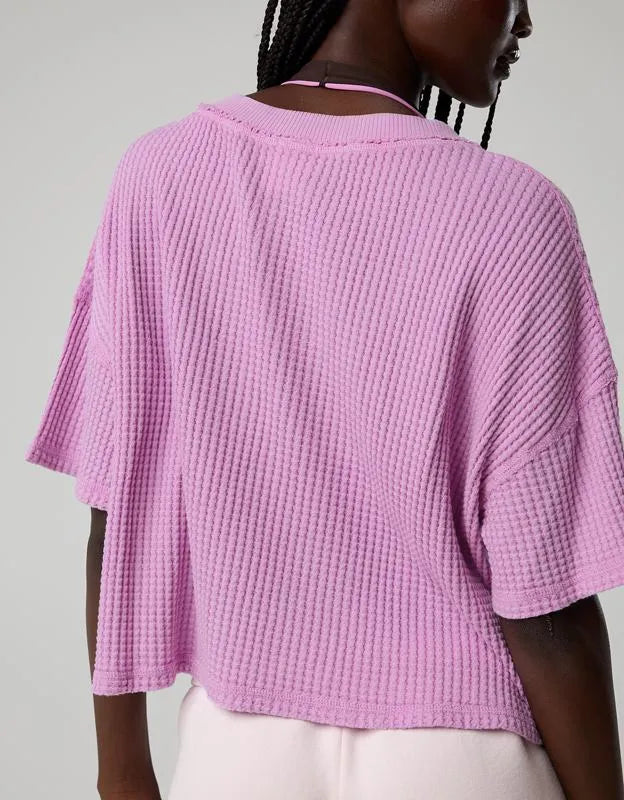 OFFLINE By Aerie Wow! Waffle V Neck Cropped Relaxed Short Sleeve T-Shirt