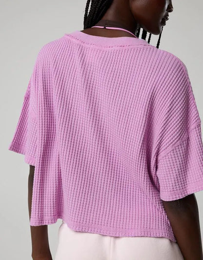 OFFLINE By Aerie Wow! Waffle V Neck Cropped Relaxed Short Sleeve T-Shirt