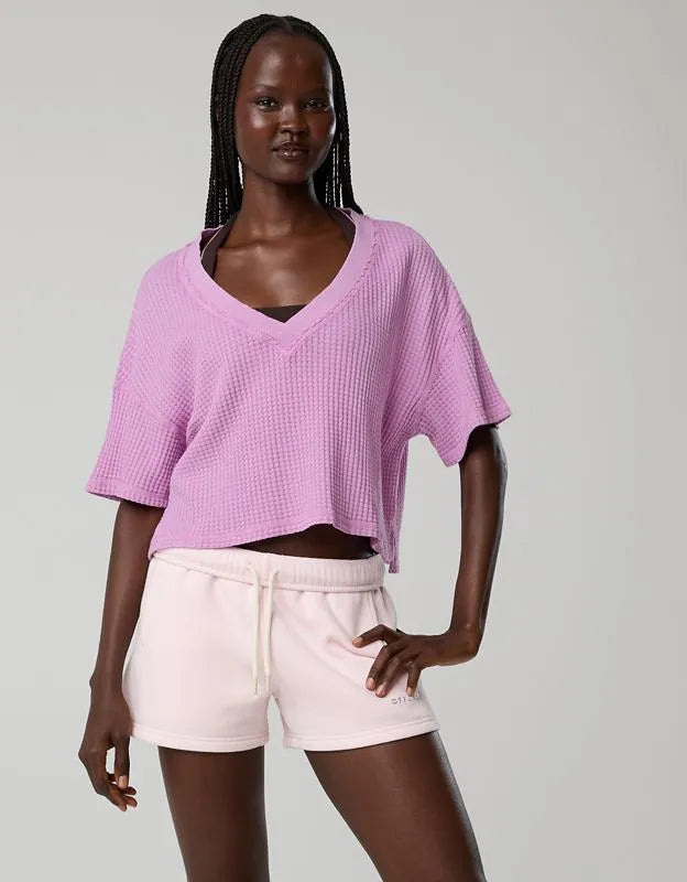OFFLINE By Aerie Wow! Waffle V Neck Cropped Relaxed Short Sleeve T-Shirt