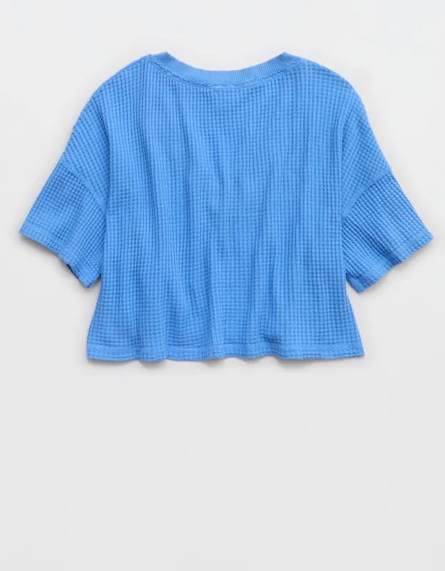 OFFLINE By Aerie Wow! Waffle V Neck Cropped Relaxed Short Sleeve T-Shirt