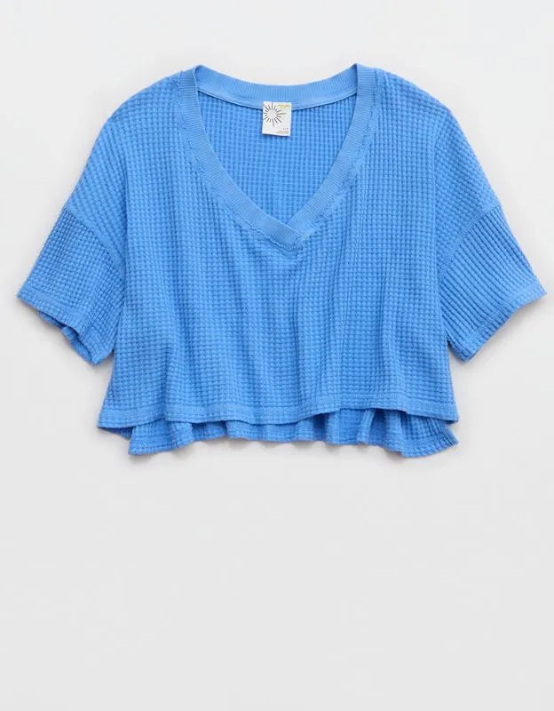 OFFLINE By Aerie Wow! Waffle V Neck Cropped Relaxed Short Sleeve T-Shirt