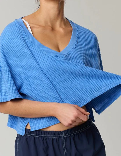 OFFLINE By Aerie Wow! Waffle V Neck Cropped Relaxed Short Sleeve T-Shirt