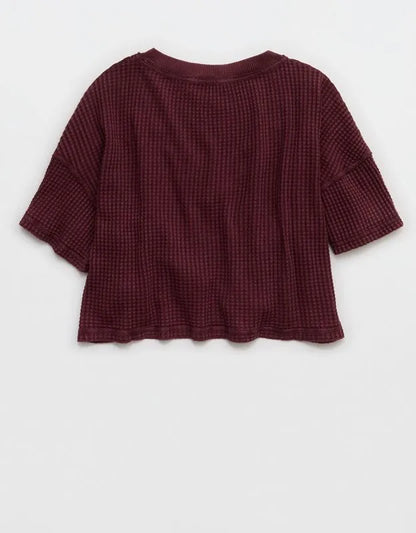 OFFLINE By Aerie Wow! Waffle V Neck Cropped Relaxed Short Sleeve T-Shirt