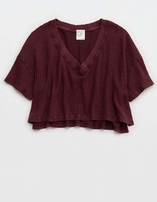 OFFLINE By Aerie Wow! Waffle V Neck Cropped Relaxed Short Sleeve T-Shirt