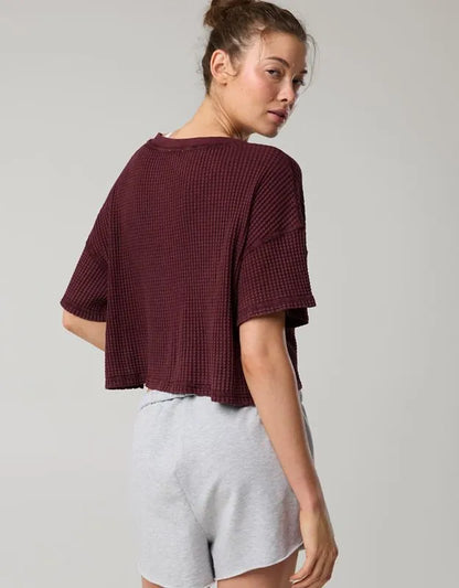 OFFLINE By Aerie Wow! Waffle V Neck Cropped Relaxed Short Sleeve T-Shirt