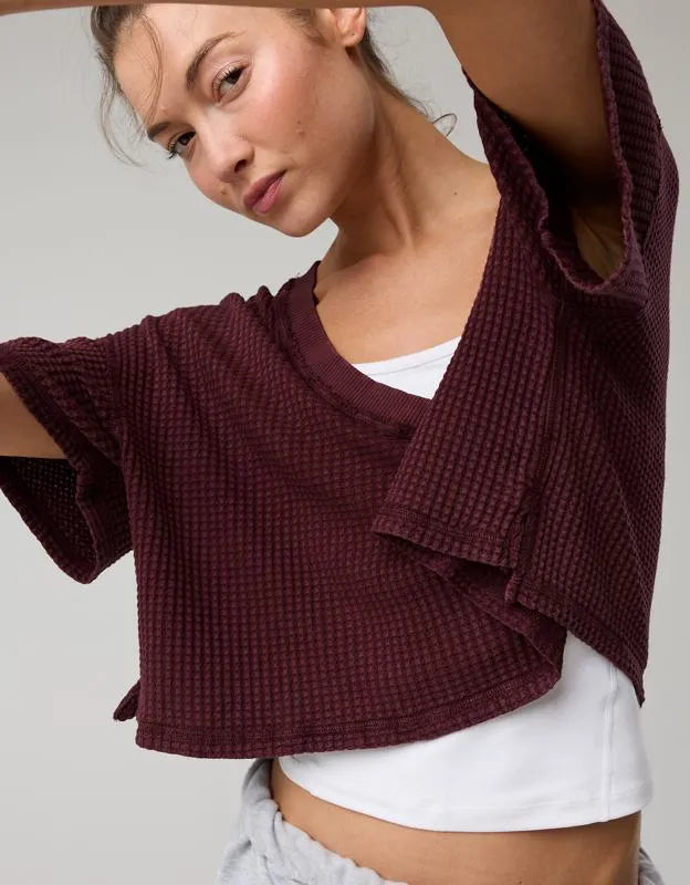 OFFLINE By Aerie Wow! Waffle V Neck Cropped Relaxed Short Sleeve T-Shirt