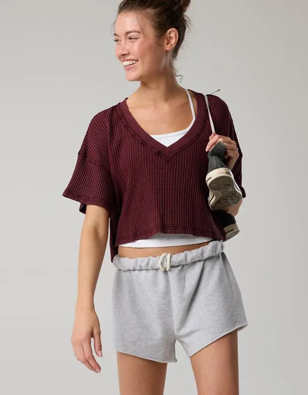 OFFLINE By Aerie Wow! Waffle V Neck Cropped Relaxed Short Sleeve T-Shirt