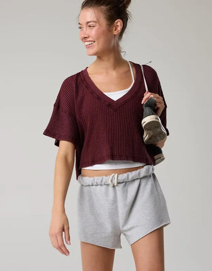 OFFLINE By Aerie Wow! Waffle V Neck Cropped Relaxed Short Sleeve T-Shirt