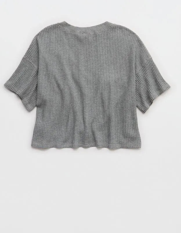 OFFLINE By Aerie Wow! Waffle V Neck Cropped Relaxed Short Sleeve T-Shirt