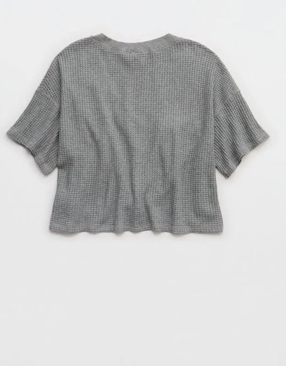 OFFLINE By Aerie Wow! Waffle V Neck Cropped Relaxed Short Sleeve T-Shirt