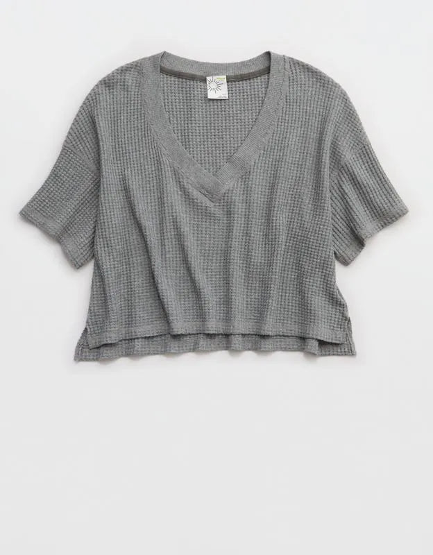 OFFLINE By Aerie Wow! Waffle V Neck Cropped Relaxed Short Sleeve T-Shirt