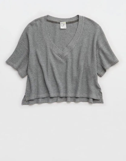 OFFLINE By Aerie Wow! Waffle V Neck Cropped Relaxed Short Sleeve T-Shirt