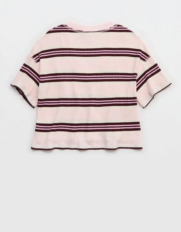 OFFLINE By Aerie Wow! Waffle V Neck Cropped Relaxed Short Sleeve T-Shirt