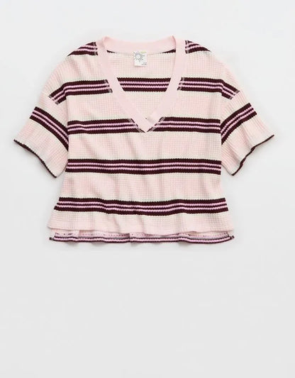 OFFLINE By Aerie Wow! Waffle V Neck Cropped Relaxed Short Sleeve T-Shirt