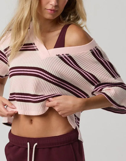 OFFLINE By Aerie Wow! Waffle V Neck Cropped Relaxed Short Sleeve T-Shirt