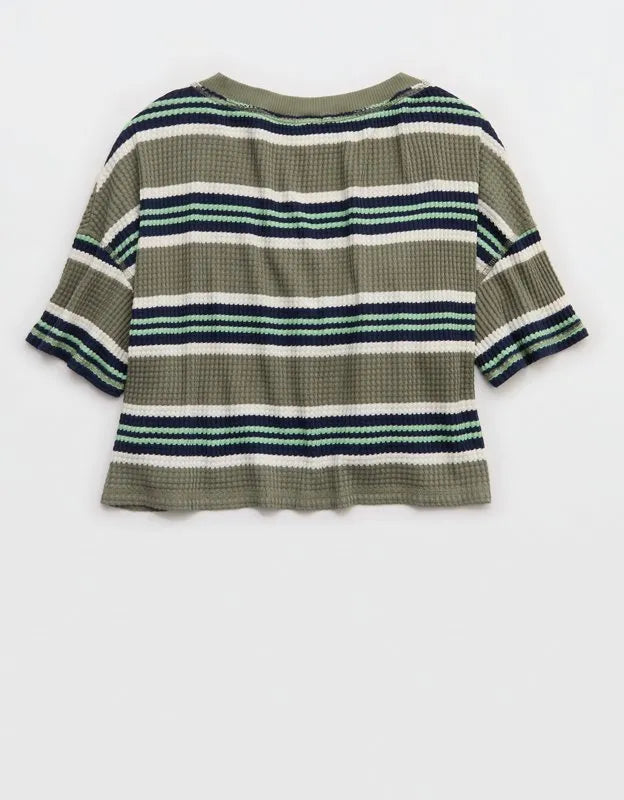 OFFLINE By Aerie Wow! Waffle V Neck Cropped Relaxed Short Sleeve T-Shirt