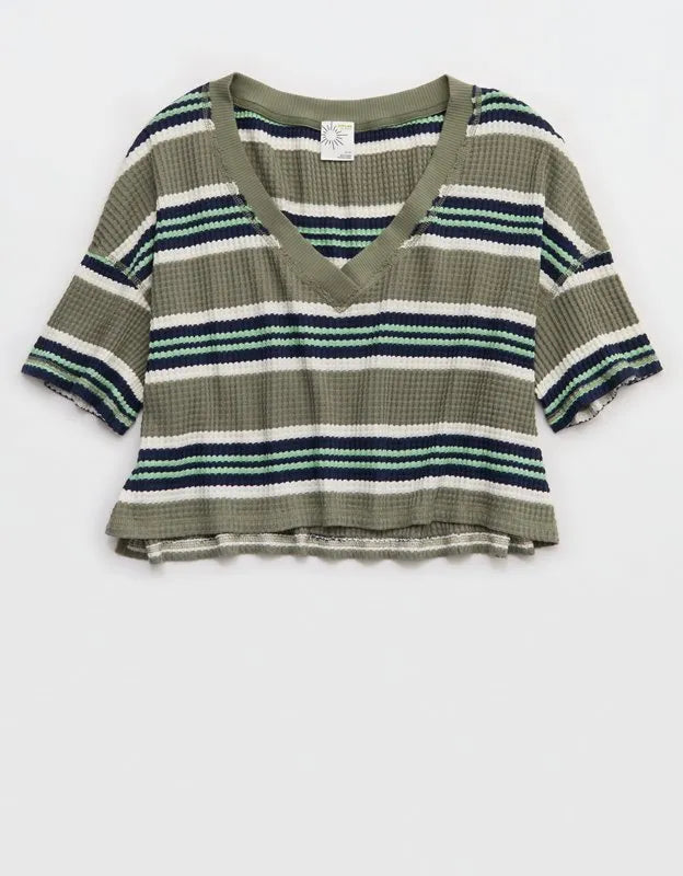 OFFLINE By Aerie Wow! Waffle V Neck Cropped Relaxed Short Sleeve T-Shirt