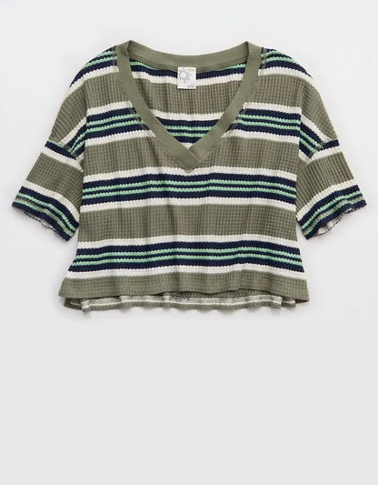 OFFLINE By Aerie Wow! Waffle V Neck Cropped Relaxed Short Sleeve T-Shirt