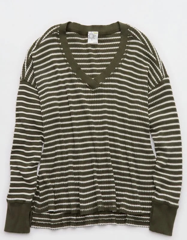OFFLINE By Aerie Wow! Waffle Long Sleeve V Neck T-Shirt