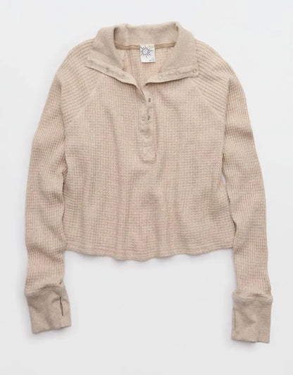 OFFLINE By Aerie Wow! Waffle Mockneck Henley Long Sleeve T-Shirt